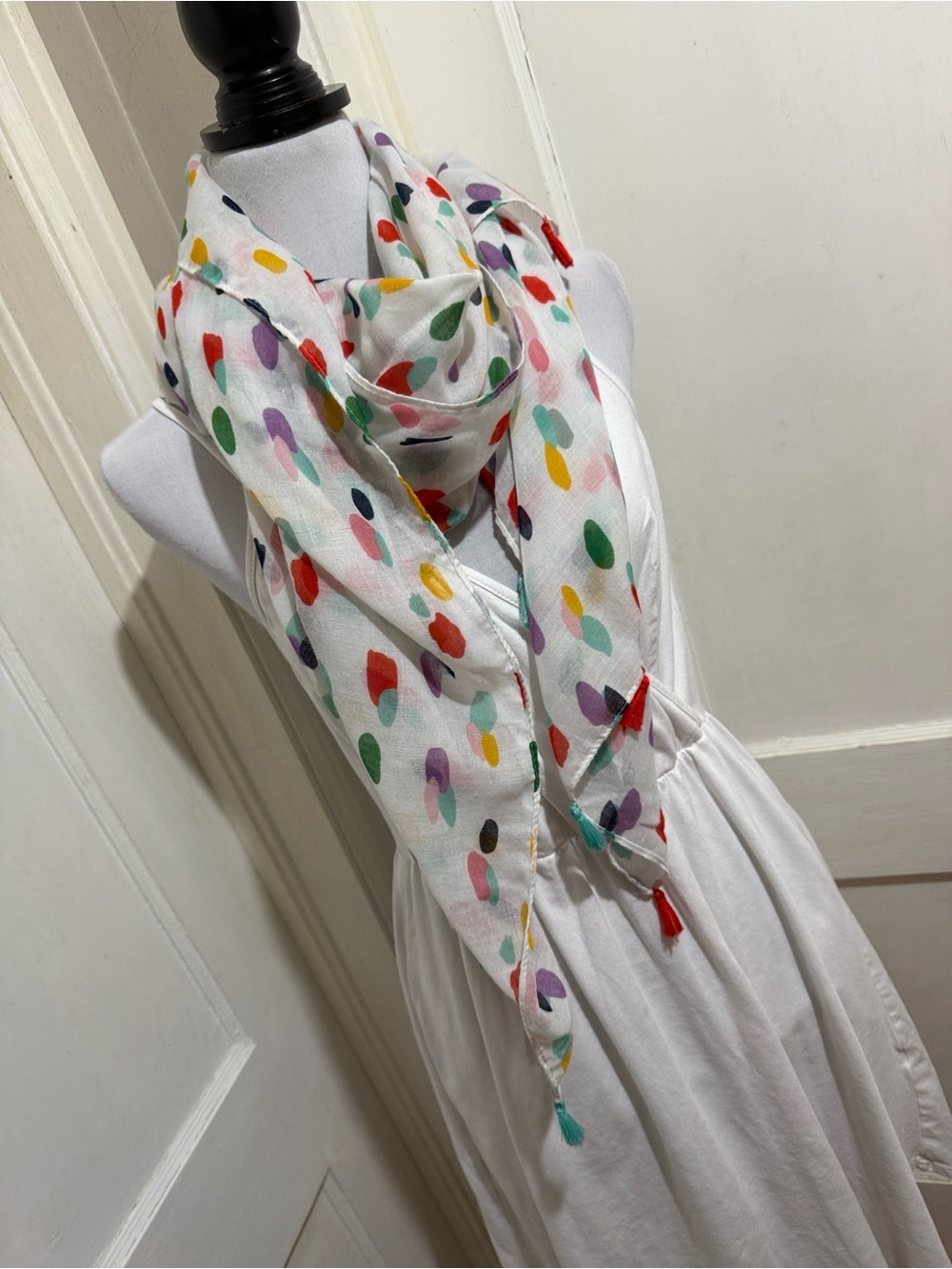 White Multicolor Dot Scarf Topper
